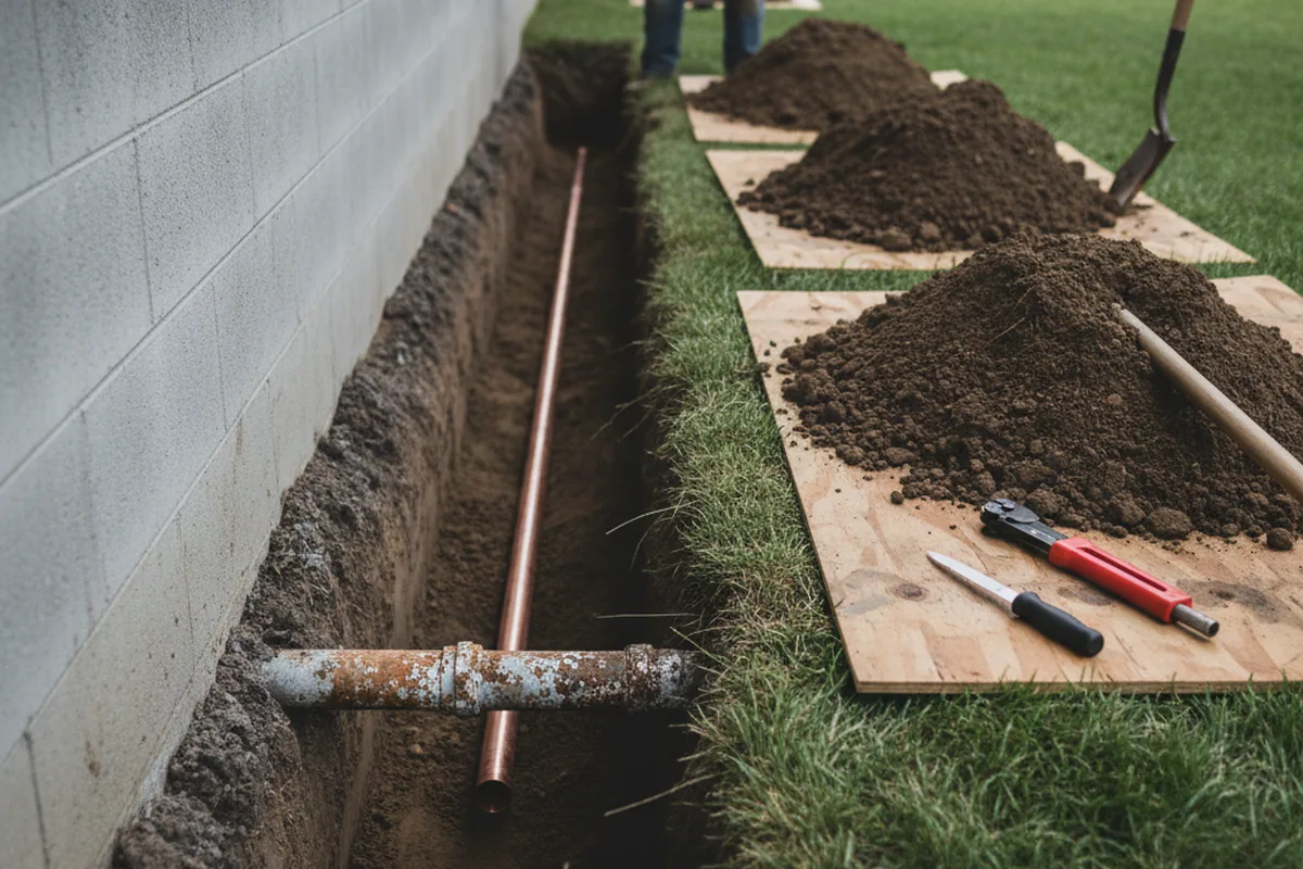 Excavated water line trench during Water Softener Installation in Hurt